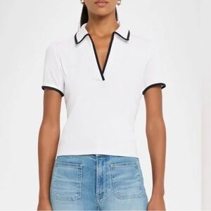 Veronica Beard White Short-Sleeve Polo Top with Black Trim
